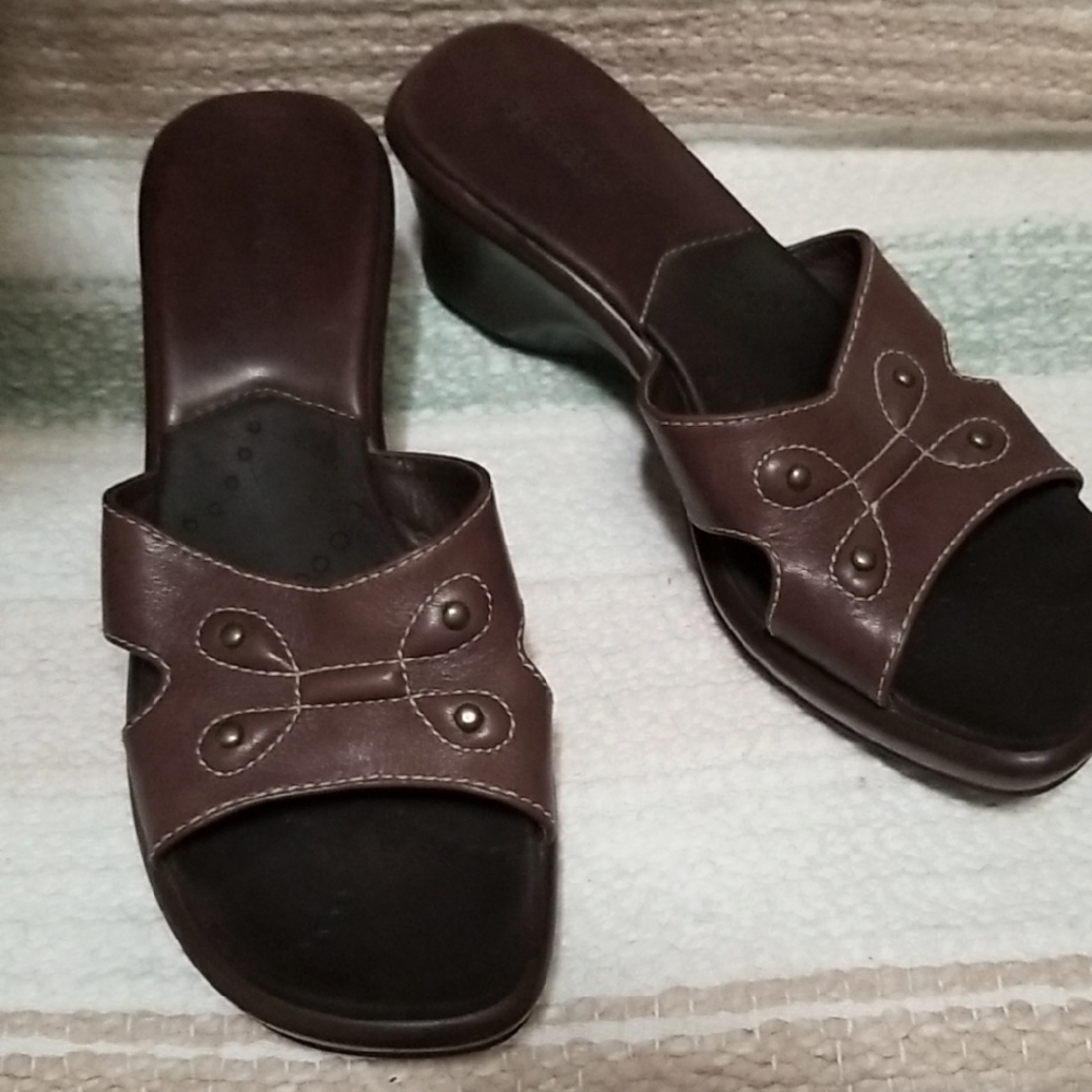 Sz 9 Brown Leather Women's Slide Mules